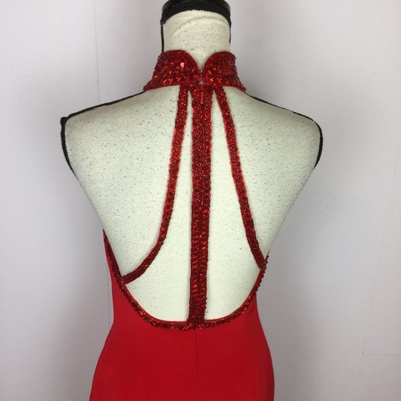 Niteline Della Roufagali Sheath Dress Size 10 Womans Red Halter Beaded Open Back - Picture 15 of 15